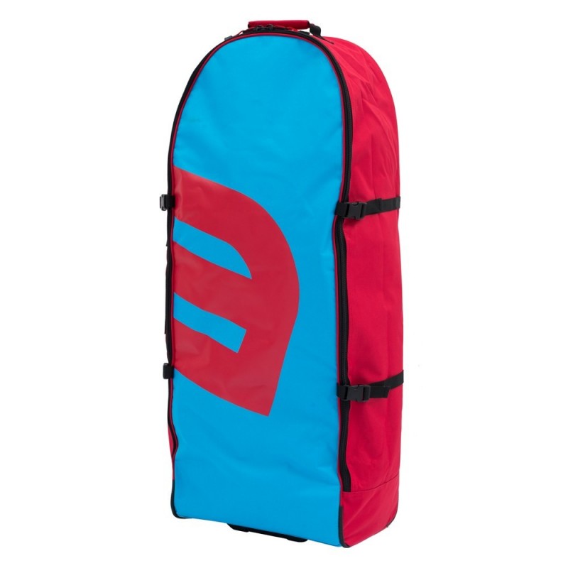 Sac de transport bleu et rouge à roulettes pour paddle gonflable ou kite